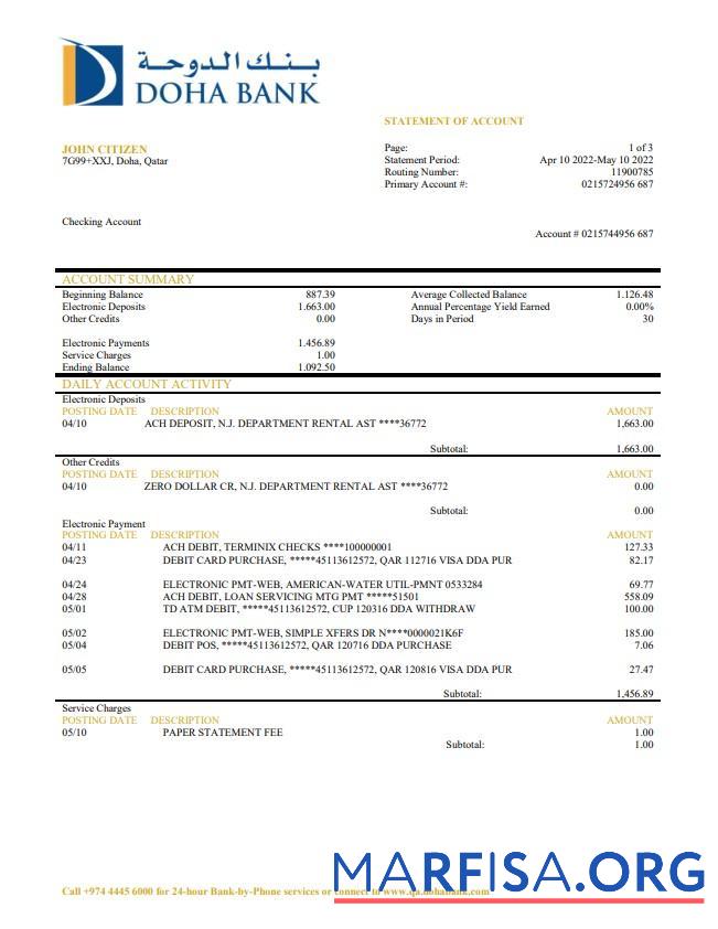 Blank Qatar Doha bank statement word sample